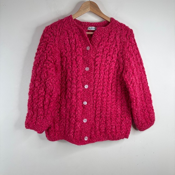 Vintage 1960s Wool Cardigan Marshall Field & Co Made in Italy Hot Pink Retro Ski - Picture 1 of 9